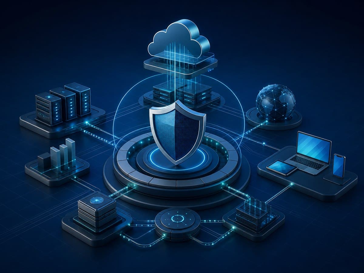 Premium enterprise technology operations ecosystem connecting infrastructure, cloud systems, monitored endpoints, networks, and security