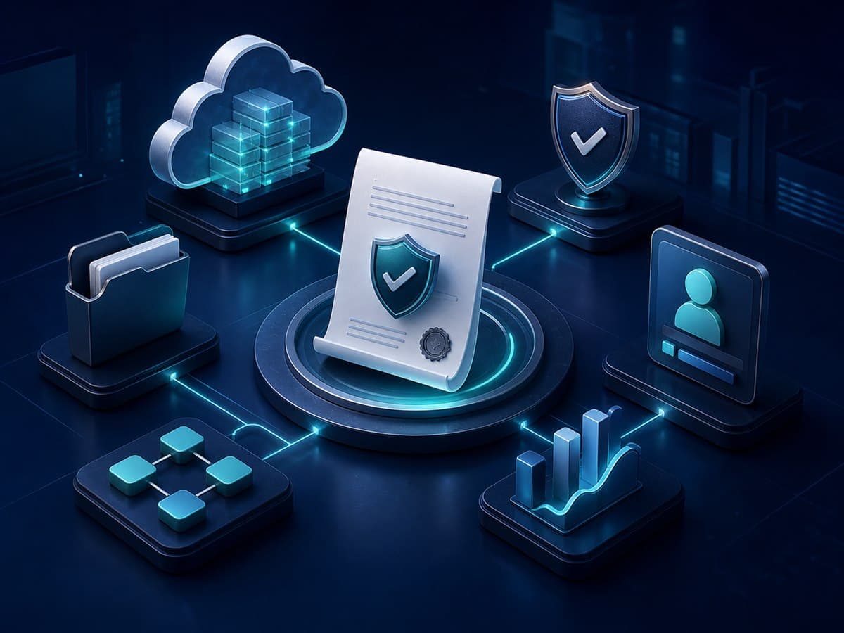 Premium insurance technology illustration connecting policy, claims, secure cloud, customer portal, and analytics